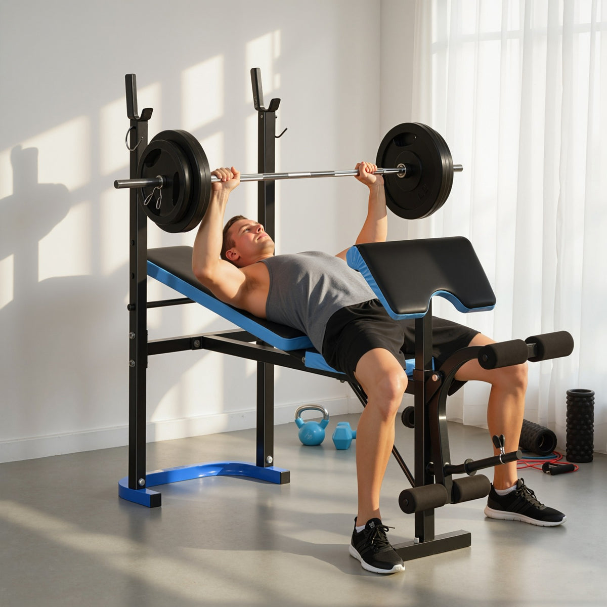 Adjustable Weight Bench with Leg Developer Barbell Rack for Home Gym Fitness